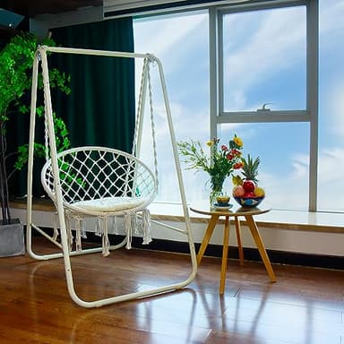 CCLIFE Silla Colgante con Soporte Columpio Interior Silla Hamaca Colgante con Conjines, Carga Máxima 100 kg, para Interior y Exterior Beige