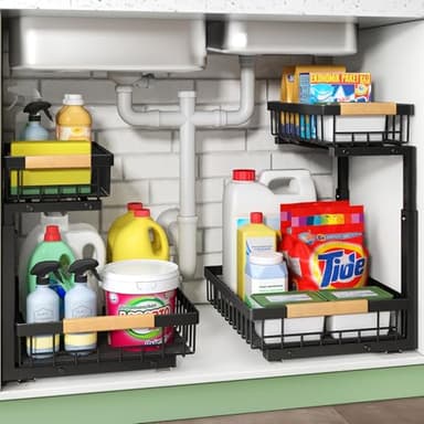 Kitstorack Metal 2 Paquete Organizador Fregadero, 2 Niveles Organizador Extraíble Estante Almacenamiento Debajo Fregadero para Cocina, Baño, Negro