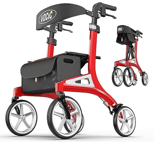 VOCIC Andador plegable ligero para ancianos,Andadores adultos con asiento y 4 ruedas,Respaldo regulable en altura y profundidad,Aluminio ajustable en altura andador,Rojo