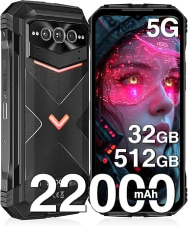 DOOGEE V MAX Pro Movil Resistente 5G, 22000mAh 32GB+512GB Movil Irrompible Android 14, Tres Cámaras 108MP+16MP+20MP, 6,58" FHD+ 120Hz, 33W Carga Rápida/NFC/FaceID/Huella Dactilar/IP68