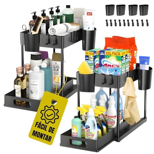 Diarque - Organizador Bajo Fregadero 2 Niveles (Pack de 2) – Estante Extraíble para Cocina y Baño – Almacenamiento de Productos de Limpieza – Fácil Montaje – Incluye 4 Cestas y 10 Ganchos