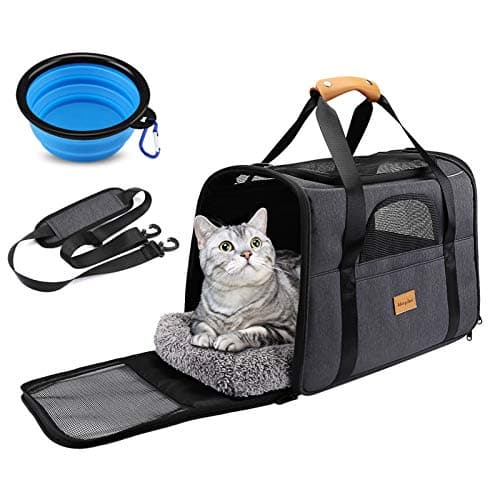 morpilot Transportín Perro Transportín Gato, Bolsa Transporte Transpirable para Mascota, Bolsa Perro Transporte con Correa de Hombro Ajustable y con Cojín Extraíble + Tazón (16.9 * 11.8 * 13 Inch)