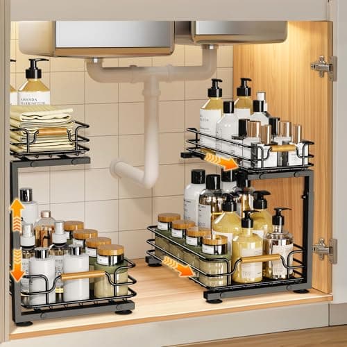 JYPS 2 Paquete Organizador Bajo Fregadero, 2 Niveles Metal Deslizantes Organizador Fregadero Armario, Altura Regulable Organizador Productos Limpieza, Estantería bajo Fregadero,Baño,Cocina(Negro)