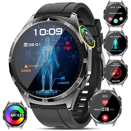 2025 ECG Reloj Inteligente con 𝐆𝐥𝐮𝐜𝐨𝐬𝐚/HRV/Ácido Úrico/Lípidos/BMI, 1.43"AMOLED Salud Smartwatch con Detección BMI/Fatiga/Emociones/Temperatura Corporal/Presión Arterial/Sueño, para Android iOS