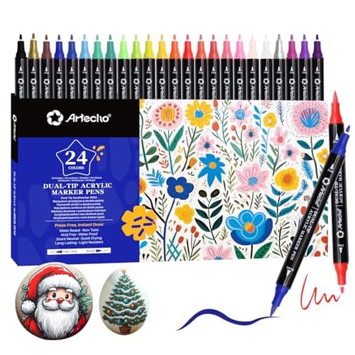 Artecho Lápices acrílicos de 24 colores, 0,5 – 5 mm, resistente al agua, doble punta (pincel y punta fina), con extremos dobles para pintura de roca, papel, madera, huevo, lienzo