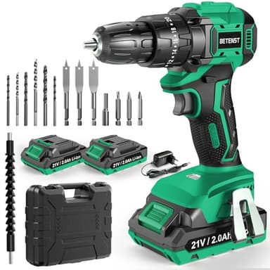 BETENST Taladro Percutor a Bateria 21V, Sin Escobillas Taladro Atornillador Bateria con 2*Baterías 2.0Ah, Atornillador Electrico 45N.m, 20+3 Ajuste de Par, 14 Accesorios, 2 Velocidad Para Bricolaje
