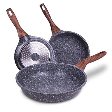 La Moustache - Juego de 3 Sartenes de 20/24/28 cm, Aluminio Fundido con Revestimiento Antiadherente para Todo Tipo de Cocinas, Incluso Inducción, Sin PFOA, Mangos Antiquemadura (Amalfi)