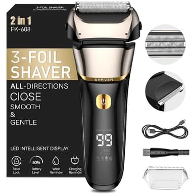 Afeitadora Eléctrica Hombre 2 En 1,Máquina De Afeitar Hombre Con Pantalla De Batería LED,Maquinilla De Afeitar Hombre USB,Seco Y En Mojado Para Cabeza Y Barba,100Min Autonomía,Corte Al Ras,3 Cuchillas