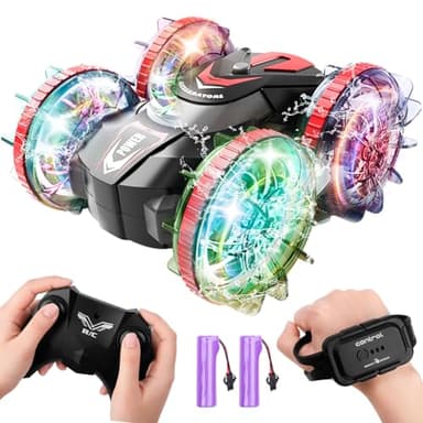 TIAOWUD Iluminar Anfibios Coches Teledirigido para Niños de 3 4 5 6 7 8+ Años, 2.4Ghz 4WD Todo Terreno RC Car Juguetes, Impermeables 360°Rotación Acrobático Coche RC (Rojo)