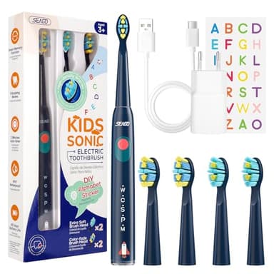 Seago cepillo de dientes eléctrico recargable para niños, cepillo de dientes eléctrico infantil con pegatinas DIY divertidas, temporizador de 2 minutos, 4 cabezales de cepillo SG2303 (azul)