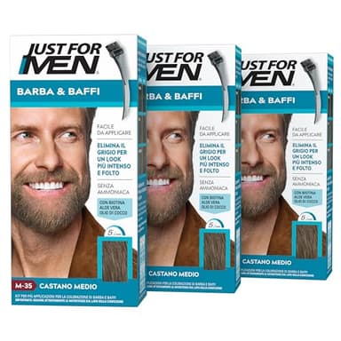 Just for Men Barba & Bigote, tinte para barba para hombre, color castaño medio, tinte para eliminar las canas, con peine aplicador, M35 (3 unidades)