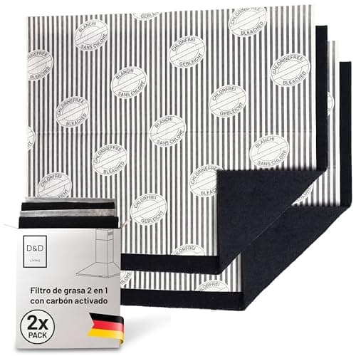 D&D Living® Filtro plano de grasa + filtro de carbón activado para campana extractora | Paquete de 2 | Hoja recortable de 57x47 cm.