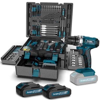 Sundpey Taladro Percutor a Bateria 21V - Caja de Herramientas 255 Piezas con Taladro Atornillador Batería Juego Herramientas con Cajón Portátil Completo para Reparaciones Domésticas y Automotrices