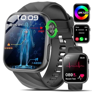 ECG+HRV Reloj Inteligente con 𝐆𝐥𝐮𝐜𝐞𝐦𝐢𝐚/Ácido Úrico/Lípidos/BMI, 1.97'' AMOLED Smartwatch Salud con 24/7 Presión Arterial, Pulsómetro, Oxímetro, Monitor de Sueño, Función SOS para Android/iOS