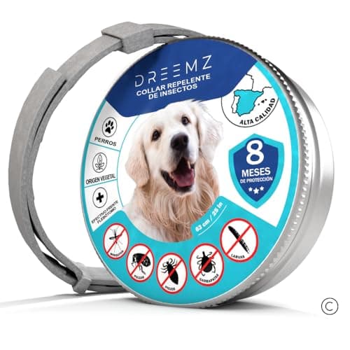 DREEMZ® Collar Repelente de Insectos - Collar antipulgas Perros, garrapatas y Mosquitos, 8 Meses protección-63cm -100% Vegetal-Impermeable - Collar Antiparasitario Perros - Formatos (1 Und Gris)