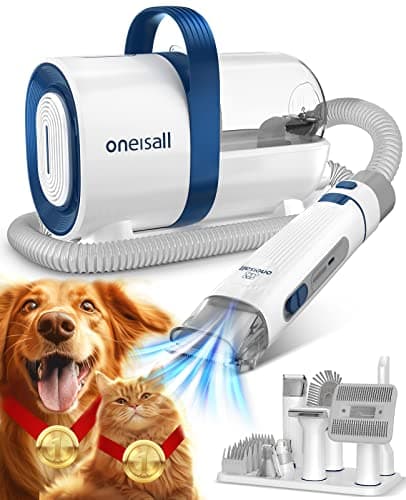 oneisall Cortapelos Perros con aspiradora de pelo, Aspira el 99% del pelo de las mascotas, máquina de corte silenciosa para perros y gatos y otras 7 herramientas de aseo (azul)