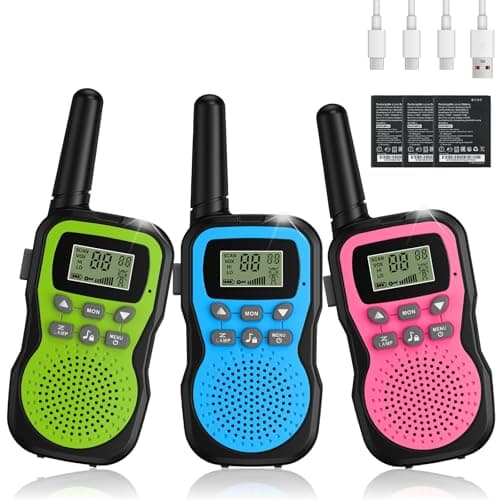 Walkie Talkie Niños Recargable, Apkezel Walkie Talkie Largo Alcance 3 KM con Batería de 1000mAh, Paquete de 3 Walkie Talkie Infantil con Linterna VOX para Exteriores, Camping, Senderismo