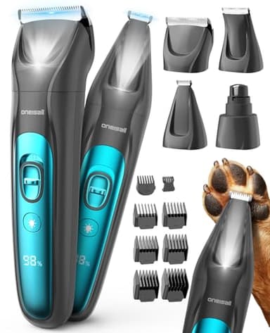 oneisall 4 en 1 Cortapelos silencioso para perros y gatos con luz LED, 2025 Nueva versión para el cuidado del pelo de mascotas, Cortapelos para perros& Recortador de uñas& Molinillo de garras, 2000mAh
