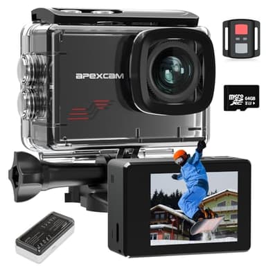 Apexcam M80 Cámara Deportiva con 64G Tarjeta 4K 48MP Cámara de Acción Cámara Subacuática Impermeable 40M con 8X Zoom y Pre-grabación 2 * 1350 Baterías Kit Accesorios