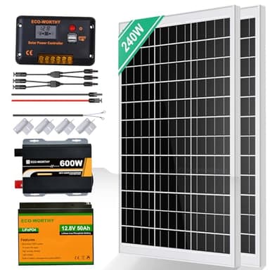 ECO-WORTHY 240W Sistema solar kit completo para autocaravanas: 2 * 120W módulos solares + 30A regulador de carga+ 1 * 50AH batería de litio+ 600W inversor de onda sinusoidal