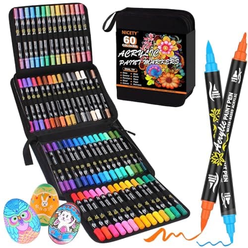 NICETY Rotuladores Acrílicos Permanentes - 60 Colores Punta doble Pincel Marcadores para Tela Pintar Piedra Madera Vidrio Cerámica - Punta fina y Acrylic Paint Markers a base de agua para niños