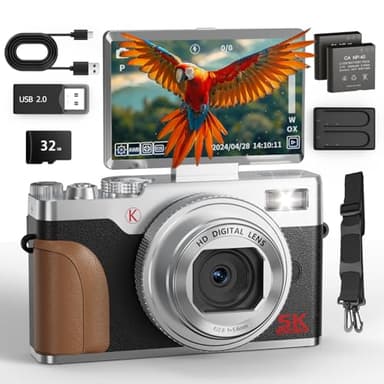 Cámara Digital de 64MP con Capacidad de Vlogging en 5K, Pantalla Plegable de 180°, Zoom de 18X - Cámara Compacta Point-and-Shoot para Principiantes, Incluye Tarjeta SD de 32GB y 2 Baterías (Plateado)
