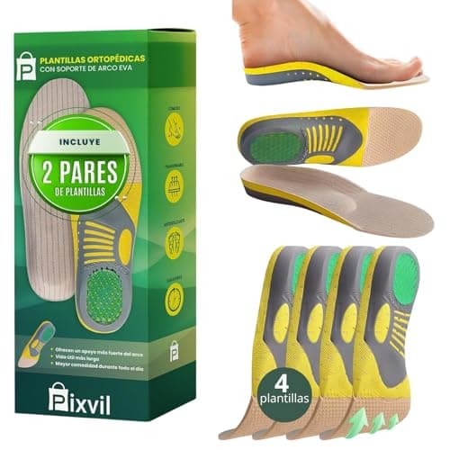 Pixvil | Plantillas Fascitis Plantar | Incluye 2 Packs (4 unidades) | También Alivia Dolor para Pies Planos, Cavos, Pronadores y Metatarsalgia | Para Hombres y Mujeres | Plantillas Ortopedicas