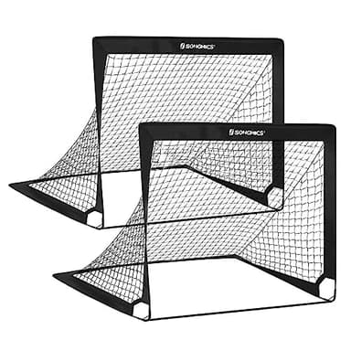 SONGMICS – Juego de 2 jaulas de fútbol para niños, Plegable, Red de fútbol, Montaje rápido, para jardín, Curso, Marco de Fibra de Vidrio, Tela Oxford y poliéster, Negro SZQ122B02