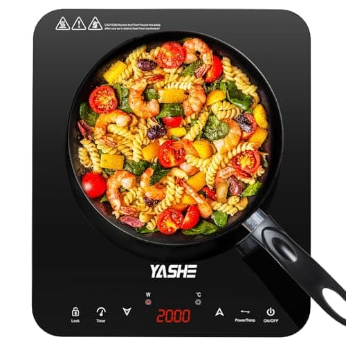 YASHE Placa de inducción – Placa de inducción portátil, 10 ajustes de potencia y 10 ajustes de temperatura. Placa de inducción de 2000 vatios, temporizador de 4 horas, bloqueo para niños