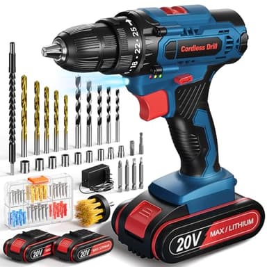 Taladro Atornillador Batería, 20V Destornillador Electrico con 87 Accesorios y 2 Baterías, 42Nm Máx taladro bateria, 25+1 Ajuste de par, 2 Velocidades, Portabrocas 10 mm, para casa y DIY