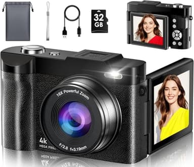 Cámara Digital, 4K 50MP Camara de Fotos 16X Zoom, Cámara Compacta con Pantalla Flip De 180° De 2,8", Autofocus Vlogging Cámara con 32GB, Recargable Fotográfica para Principiantes, Adolescentes