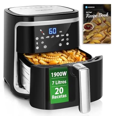 Aigostar Cube - Freidora de aire sin aceite 7L, 1900W, 7 funciones preestablecidas + mantener caliente, modo manual, panel LED táctil. Doble uso: con cesta o cajón. Sin BPA. Libro de recetas incluido