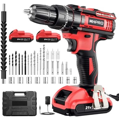 MHPRO Taladro Percutor a Bateria 21V, Taladro Atornillador Bateria con 2 Baterías 2000mAh, 42Nm, 25+3 Ajuste de Par Destornillador Electrico, 30 Accesorios, 2 Velocidad, LED Luz Para Hogar, Bricolaje