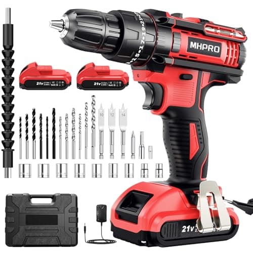 MHPRO Taladro Percutor a Bateria 21V, Taladro Atornillador Bateria con 2 Baterías 2000mAh, 42Nm, 25+3 Ajuste de Par Destornillador Electrico, 30 Accesorios, 2 Velocidad, LED Luz Para Hogar, Bricolaje