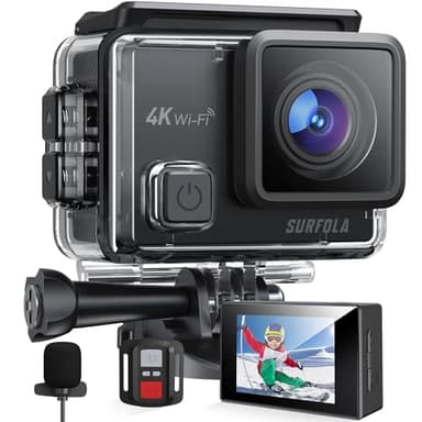Surfola Cámara Deportiva 4K 30FPS, 20MP Videocámara de Casco WiFi con EIS Antivibración, Subacuática Buceo 40M con Micrófono Dual, Control Remoto, 2 Baterías, Varios Accesorios