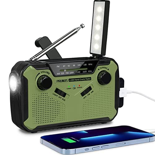PRUNUS J-369 Radio Solar y a Pilas, Radio Emergencia con Manivela, Am FM SW Radio Portatil Pequeña Recargable con Banco de Energía de 3000 mAh, Lámpara Lectura, Linterna, SOS.[Verde]