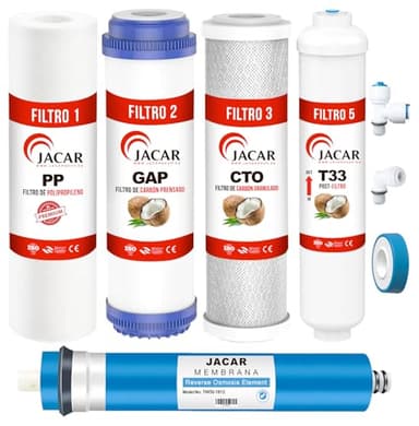 JACAR Filtros de Osmosis Inversa de 5 Etapas Universales con Membrana 50 Gpd Filtros Osmosis Compatible con casi todos los Sistemas de Osmosis NO COMPACTOS, Kit Recambios Osmosis Inversa para Agua