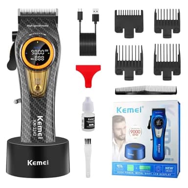 KEMEI 2242 - Cortapelos profesional para hombres, cortadora de pelo eléctrica inalámbrica, cuchillas DLC, motor turbo de 5000-9000 rpm, recargable por USB hasta 220 minutos de uso con pantalla LED