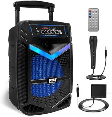 PYLE Sistema de Altavoces, PA, 800W, Bluetooth, portatil, Recargable, Exteriores, subwoofer de 12”, Tweeter de 1”, función de grabación, micrófono, Luces de Fiesta, Radio USB/SD, Color Negro