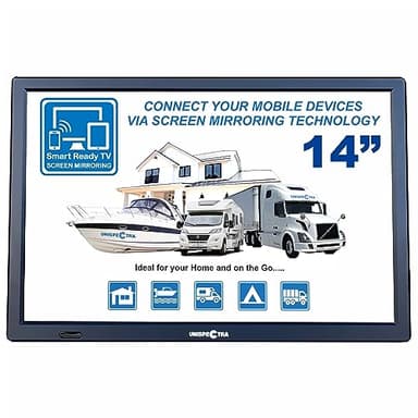 Unispectra ® 14 Pulgadas Smart Ready HD Televisión pequeña TV 12V / 230V voltios TDT y FM, USB, HDMI. TV 12V para Autocaravana, Televisor, Caravana, Camper, Camion, Barco, Cocina
