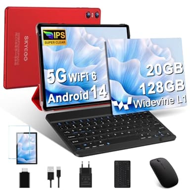 SKYEGG Tablet 10 Pulgadas Android 14 con 20 GB RAM + 128 GB ROM (Ampliable a 1TB), Widevine L1, 5G Wi-Fi 6, GPS, 8 Core, 8 MP + 5 MP, USB-C Tablet con Teclado + Ratón + Funda, Rojo