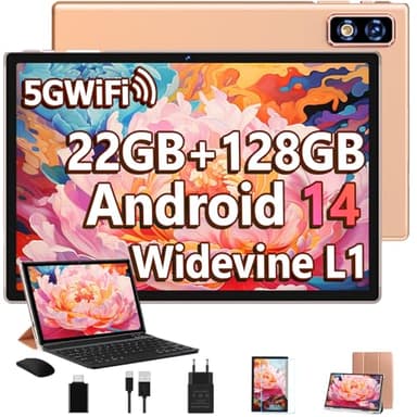 2025 Newest Android 14 Tablet 10 Pulgadas, 22GB RAM+128GB ROM/TF 2TB ,GPS ,5G+2.4G WiFi,Octa-Core 2.0GHz,8000mAh | Cuerpo Metálico | Widevine L1 | GMS Tablet 2 en 1 con Teclado, Funda y Ratón - Oro