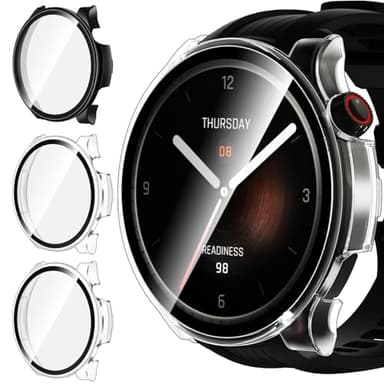 ivoler 3 Piezas Funda para Amazfit Balance, Protección Completa Protector de Pantalla de Cristal Vidrio Templado Duro PC Anti-arañazos Carcasa, 2 Transparente + 1 Negro