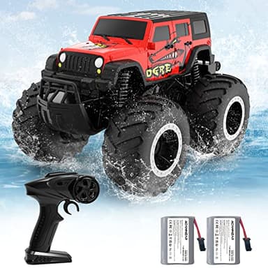 ACAMMZAR Anfibio Coche Teledirigido para niños, 2.4GHz 4WD 360° Rotación Impermeable Monster Truck para Niños Todo Terreno Off Road RC Coche con 2 Baterías 4 5 6 7 8 Niñas Regalos, Rojo