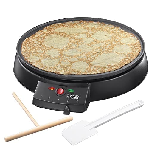 Russell Hobbs Crepera Eléctrica Fiesta - Revestimiento Antiadherente, Diámetro 30 cm, Temperatura Regulable, Incluye 2 Utensilios para Hacer Crepes, 1000 W, Negro - 20920-56