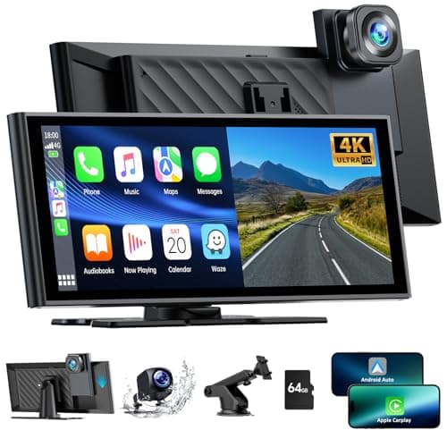 Portátil A-pple Carplay Inalambrico & Android Auto, 9,26 Pulgadas Pantalla Coche con Dash CAM Frontal y Trasera 4K+1080P, Car Play Radio Receptor con Mirror Link/Bluetooth 5.0/SIRI/Go0gle/FM/64G TF