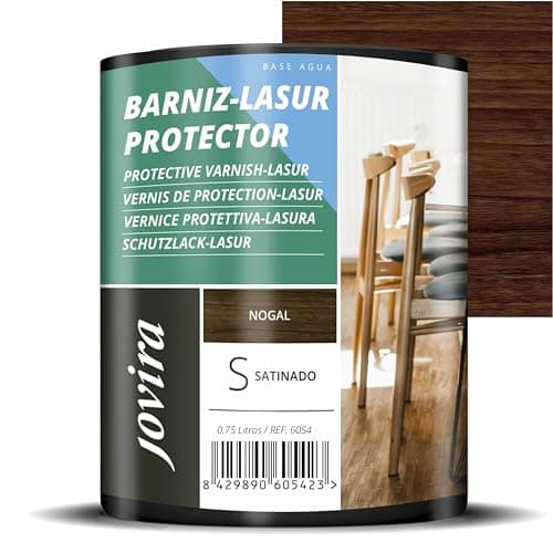 JOVIRA PINTURAS BARNIZ-LASUR Protector Satinado al Agua. Protege, decora y embellece todo tipo de madera. (750 Mililitros, Nogal)