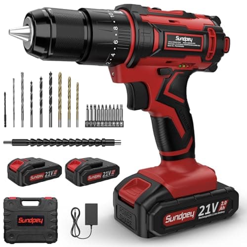 Taladro Percutor a Bateria 21V - Sundpey 45Nm Max Taladro Atornillador Bateria con 2 Baterías 2000mAh, 25+3 Ajuste de Par, 2 Velocidad, LED Luz Para Hogar, Bricolaje