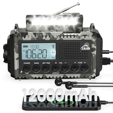 Radio de manivela, radio de emergencia con banco de energía de 12000 mAh, AM/FM/SW portátil, funciona con pilas, manivela de 5 vías con receptor mundial, como cargador de linterna, para exteriores,
