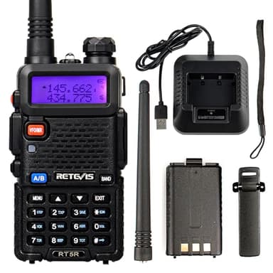 Retevis RT5R Walkie Talkie, Walkie Talkie Doble Banda USB Recargable, 128 Canales, Radio FM, Linterna LED, Emergencia 2m/70cm Profesional Walkie para Caza, Radio Amateur (Negro, 1 Pieza)